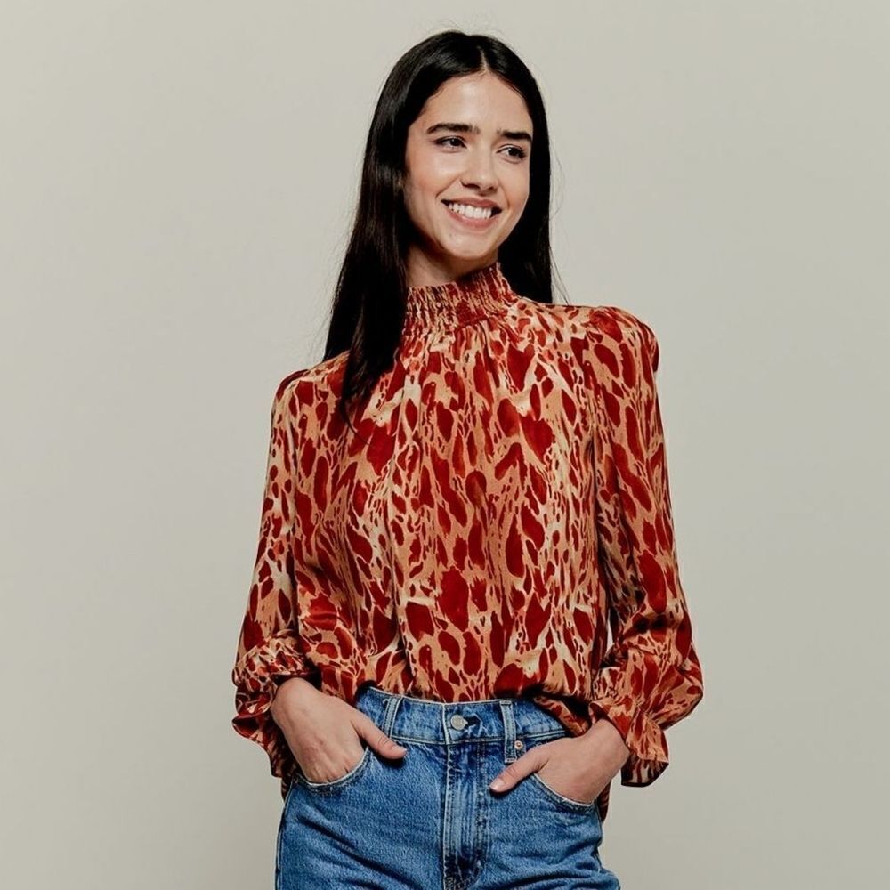 Tucker Stella Top Chai Safari in Crepe de Chine Silk Smocked Mock Neck